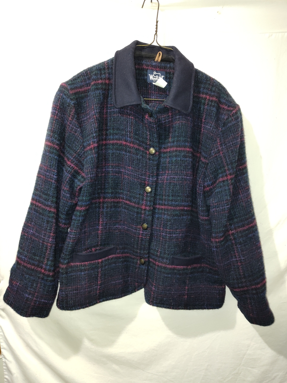 Woolrich Navy Plaid Wool Blend Bomber Jacket with Burgundy Accents